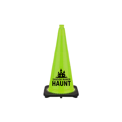 Traffic cone printed with custom haunted house artwork