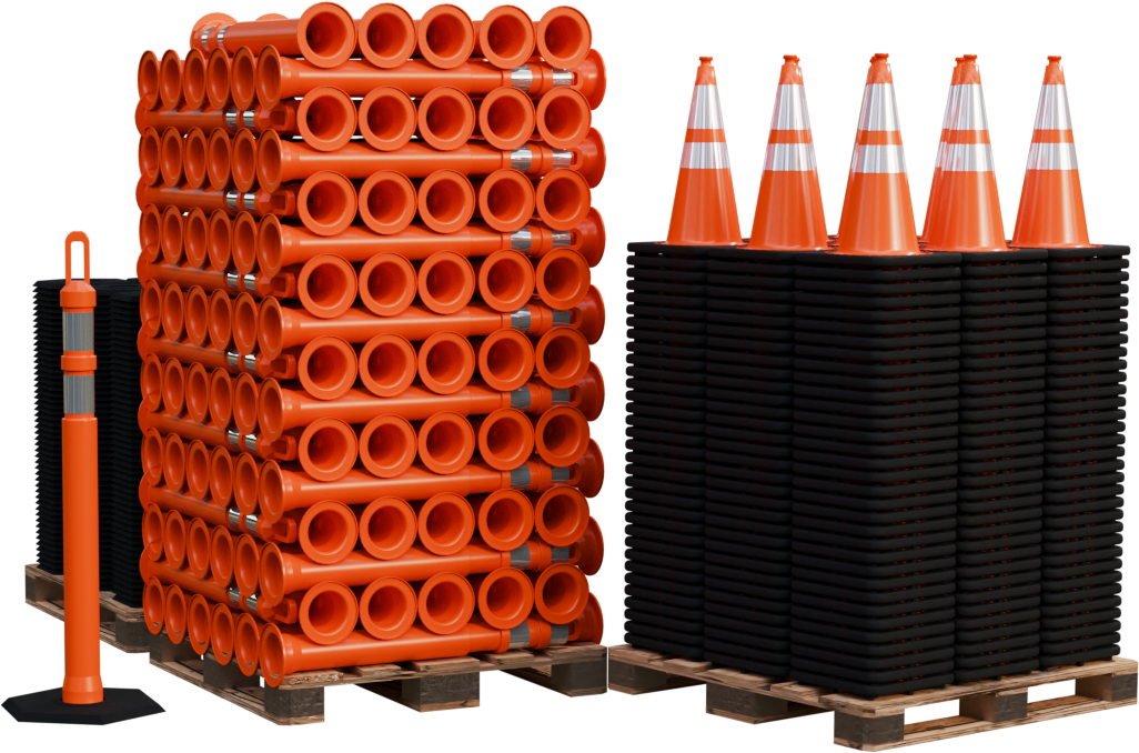 High-visibility summer safety bundle featuring orange traffic cones, delineator posts, and reusable squeeze bottles for outdoor use