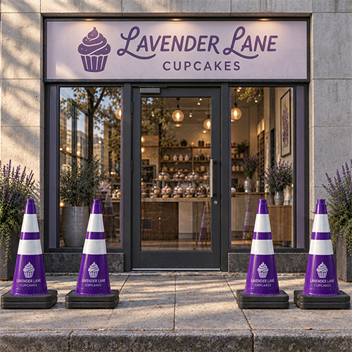 After: fresh traffic cones at a business entrance