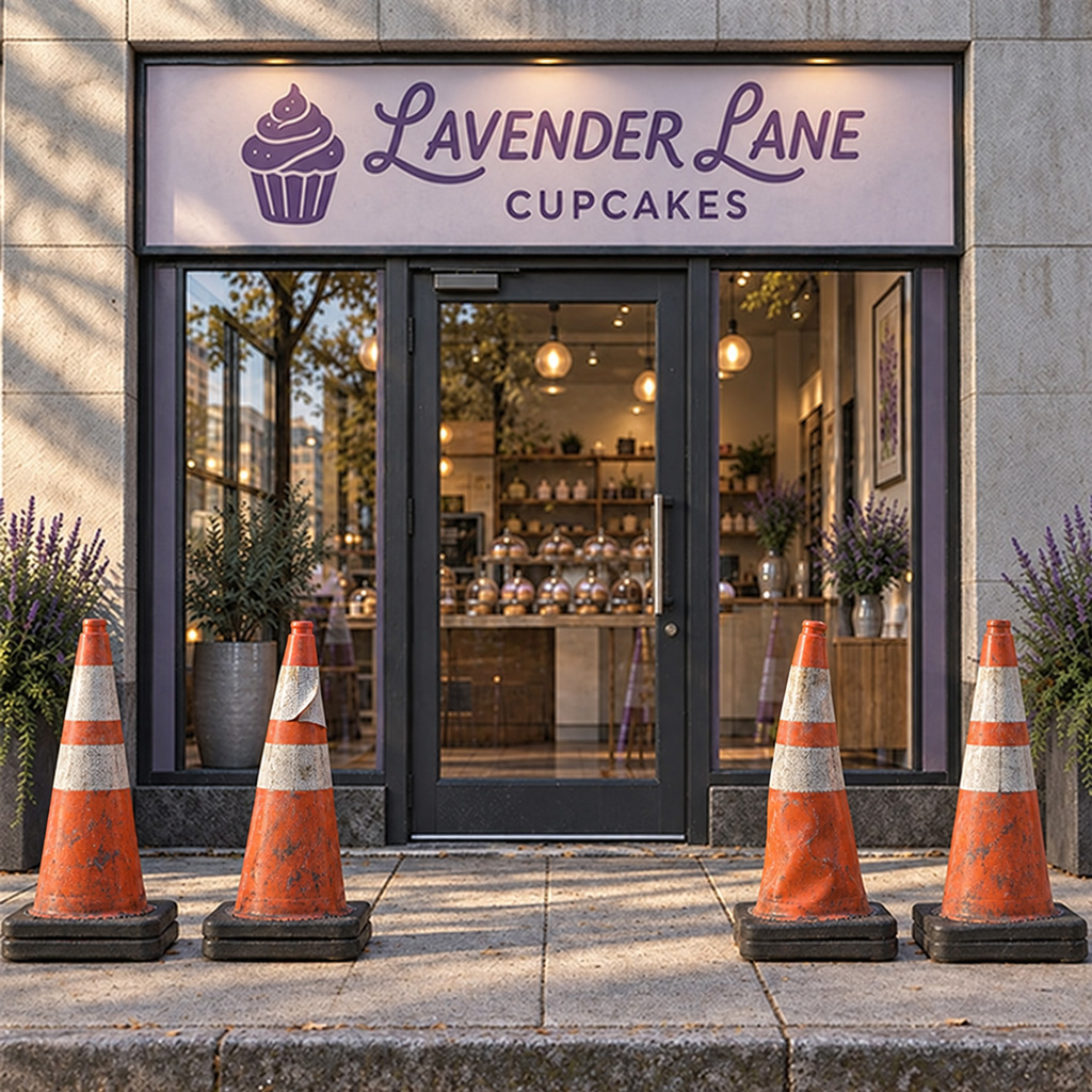 Before: worn traffic cones at a business entrance